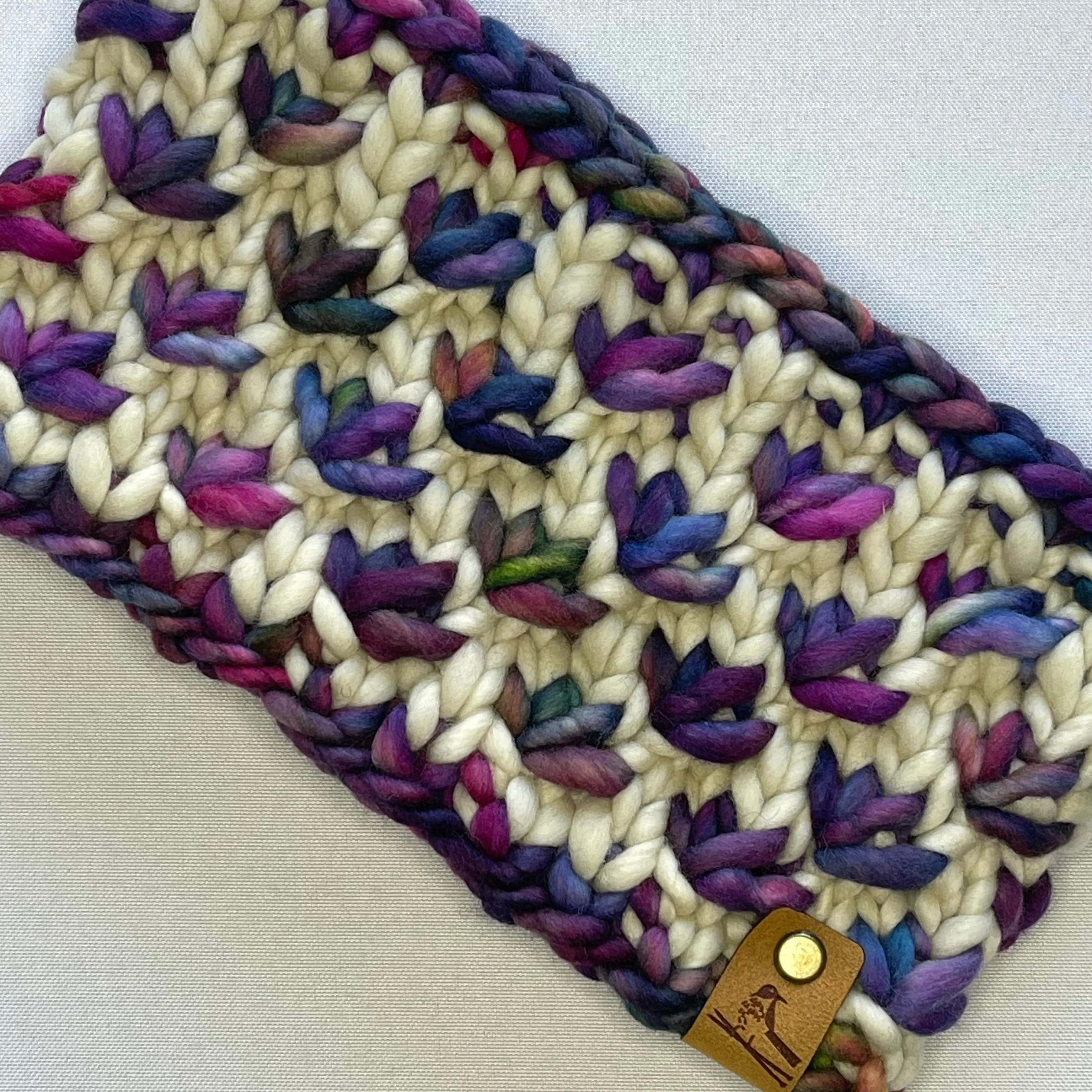 Purple and Cream Luxury Merino Wool Hand Knit Headband