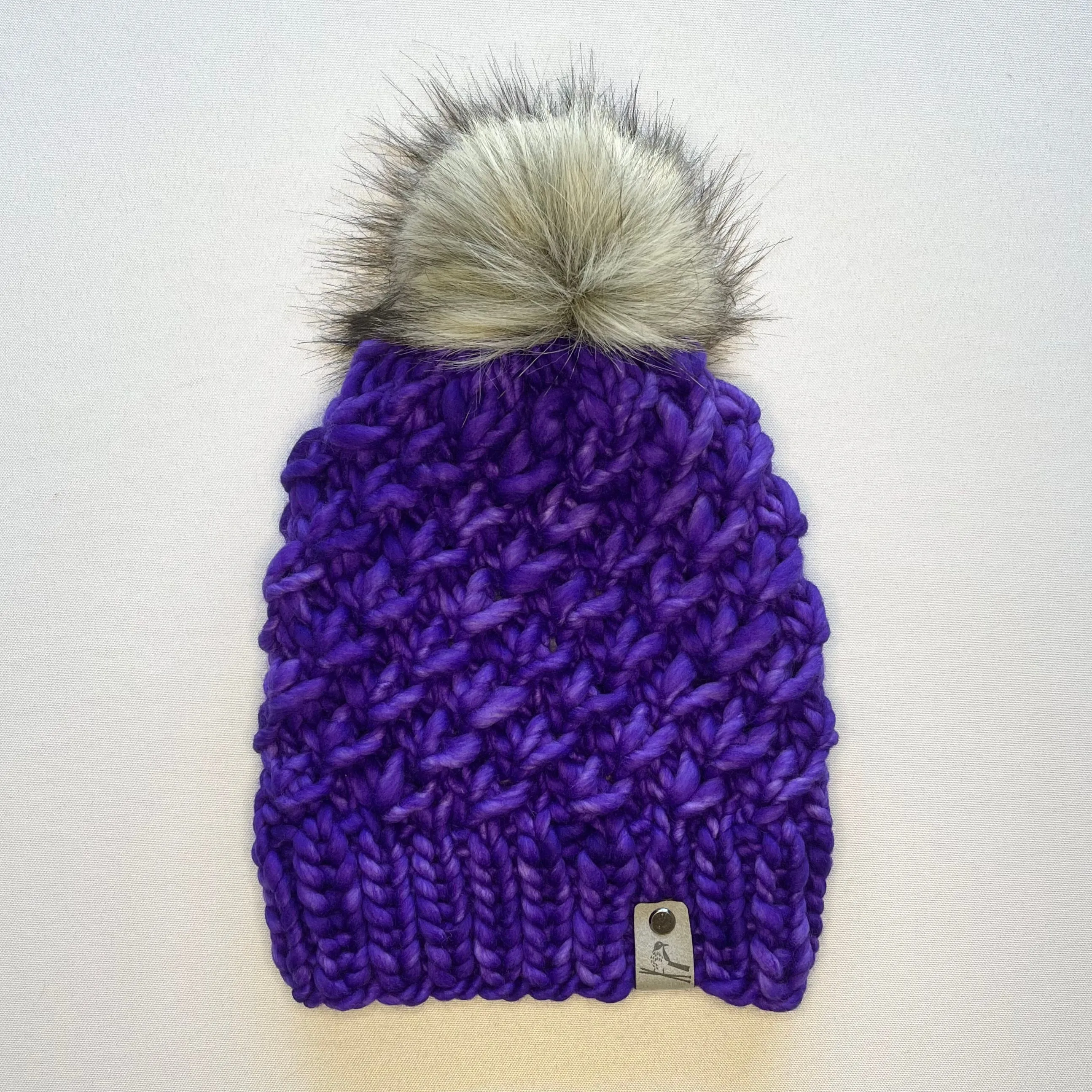 Purple Luxury Merino Wool Knit Hat with Faux Fur Pom Pom