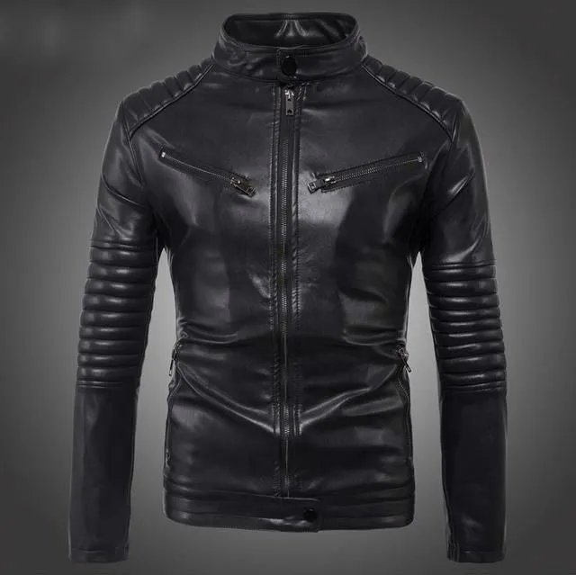 Quilted Shoulder and Sleeves Biker Style Men Pu Leather JAcket