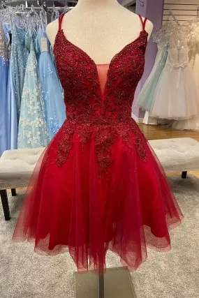 Red Plunge V neck Lace Top Homecoming Dress