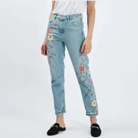 Retro Floral Embroidery Demin Skinny Jeans Woman ZA Pencil Pants Ripped Washed Zip Pocket Button Cozy Casual Slim Trousers femme