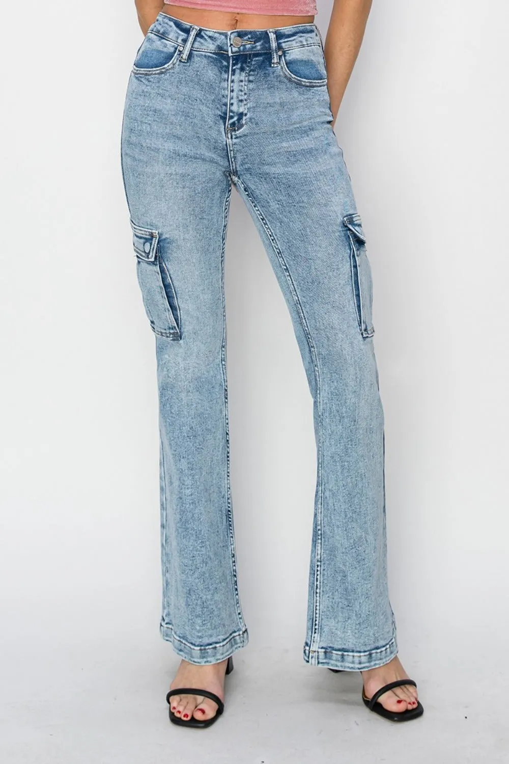 RISEN High Rise Cargo Flare Jeans