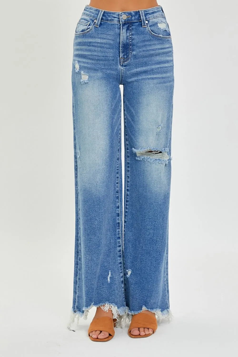 RISEN High Rise Frayed Hem Wide Leg Jeans