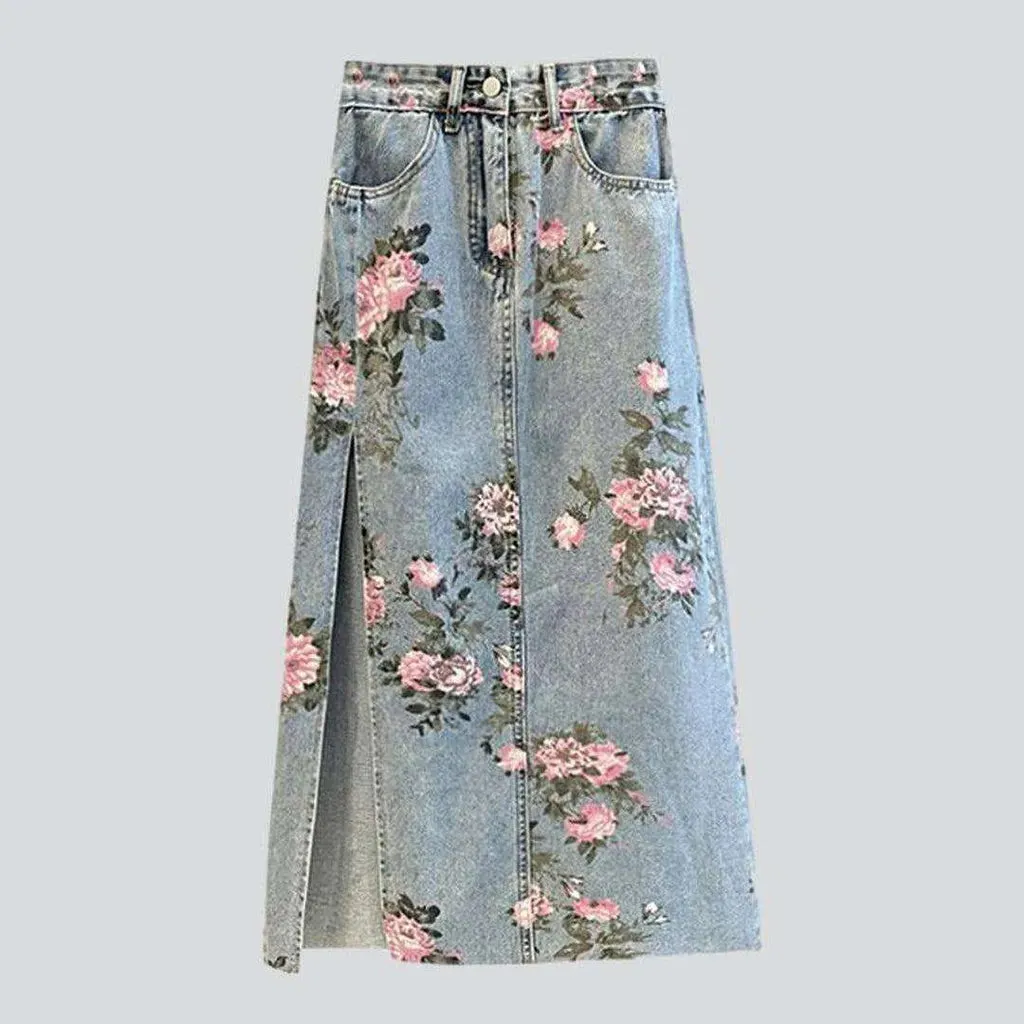 Rose-painted long denim skirt