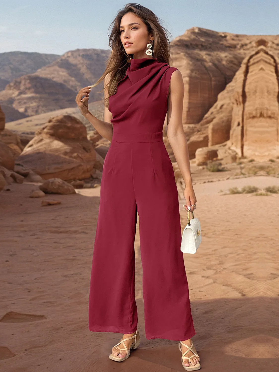 Ruched Mock Neck Sleeveless Jumpsuit