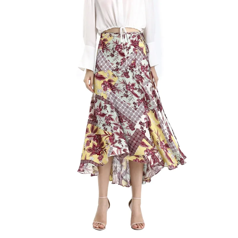 S070-2 Women Retro print wrap design panelled asymmetric casual midi skirt