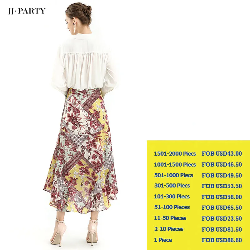 S070-2 Women Retro print wrap design panelled asymmetric casual midi skirt