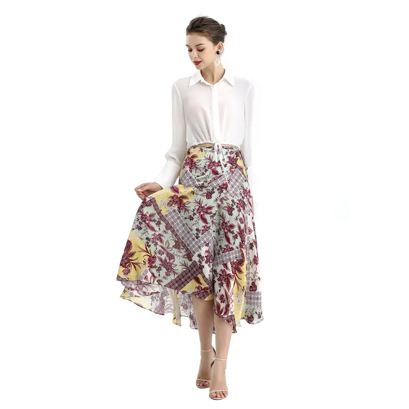 S070-2 Women Retro print wrap design panelled asymmetric casual midi skirt