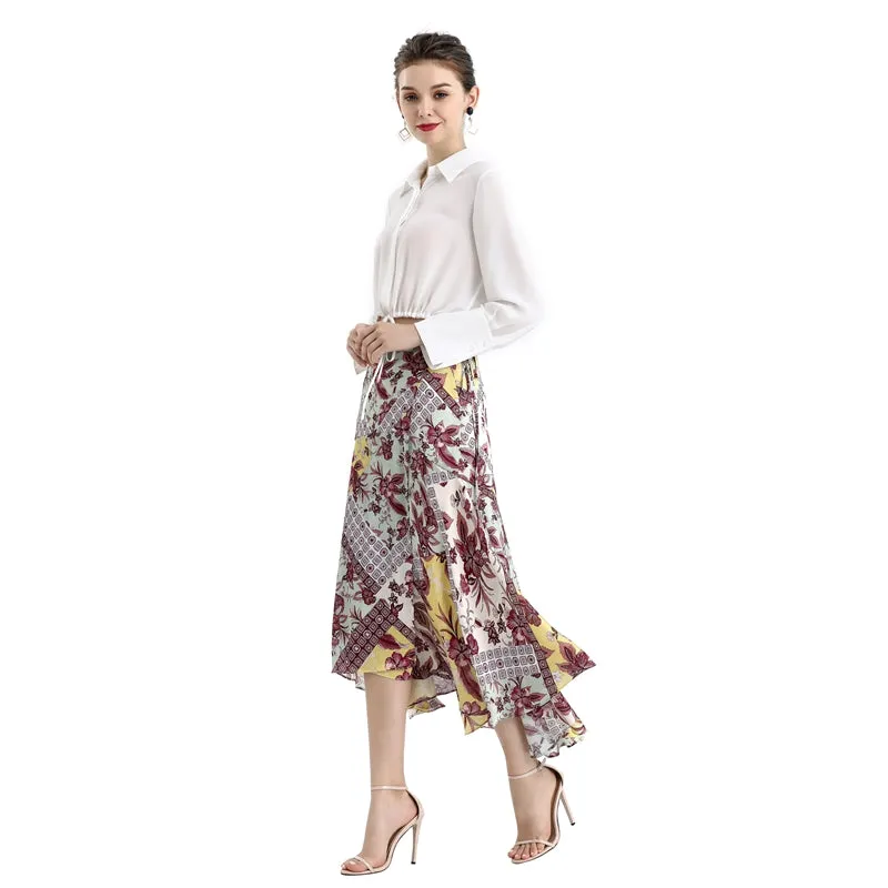 S070-2 Women Retro print wrap design panelled asymmetric casual midi skirt