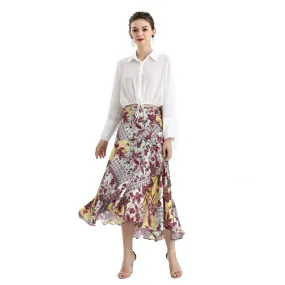 S070-2 Women Retro print wrap design panelled asymmetric casual midi skirt