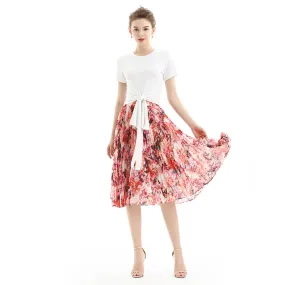 S076 Women floral print chiffon pleated casual midi skirt