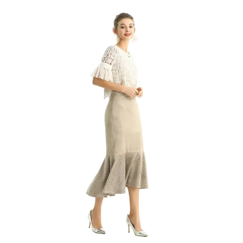 S168-1 Women faux suede perforated flounced ruffle mermaid midi skirt