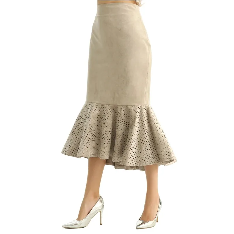 S168-1 Women faux suede perforated flounced ruffle mermaid midi skirt