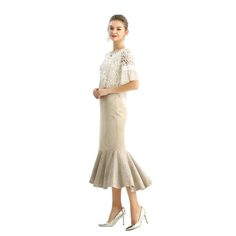 S168-1 Women faux suede perforated flounced ruffle mermaid midi skirt