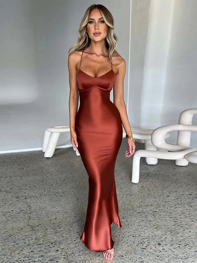 Satin Backless Maxi Dress For Women Autumn New Spaghetti Strap Sleeveless Bodycon Long Dress Vestido Clubwear