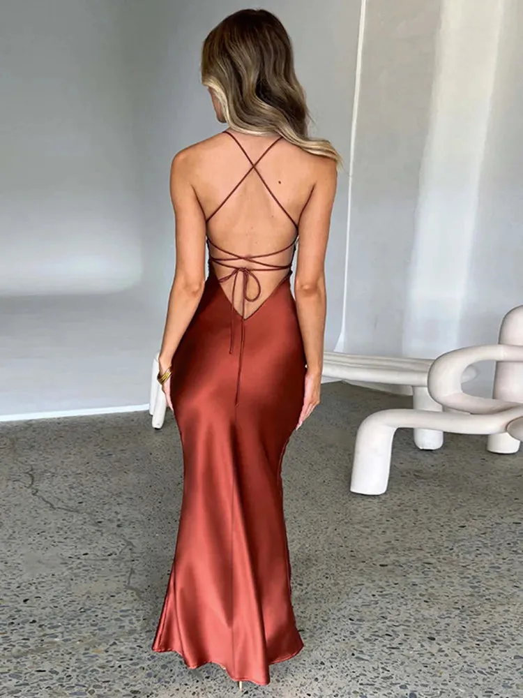 Satin Backless Maxi Dress For Women Autumn New Spaghetti Strap Sleeveless Bodycon Long Dress Vestido Clubwear