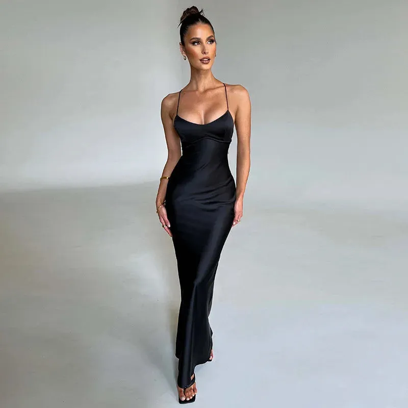 Satin Backless Maxi Dress For Women Autumn New Spaghetti Strap Sleeveless Bodycon Long Dress Vestido Clubwear