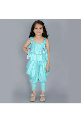 Sea green Printed Frill Sleeveless Top With Dhoti Set