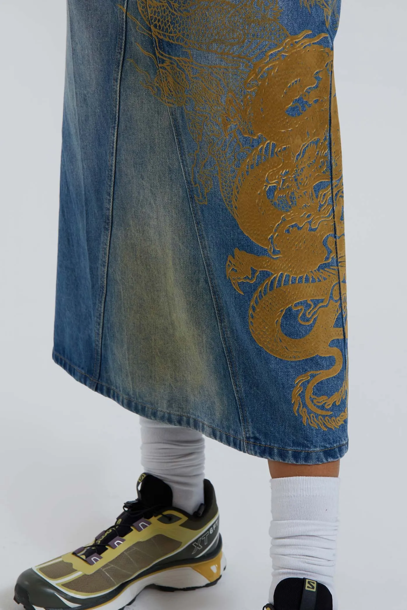 Serpent Denim Slit Maxi Skirt