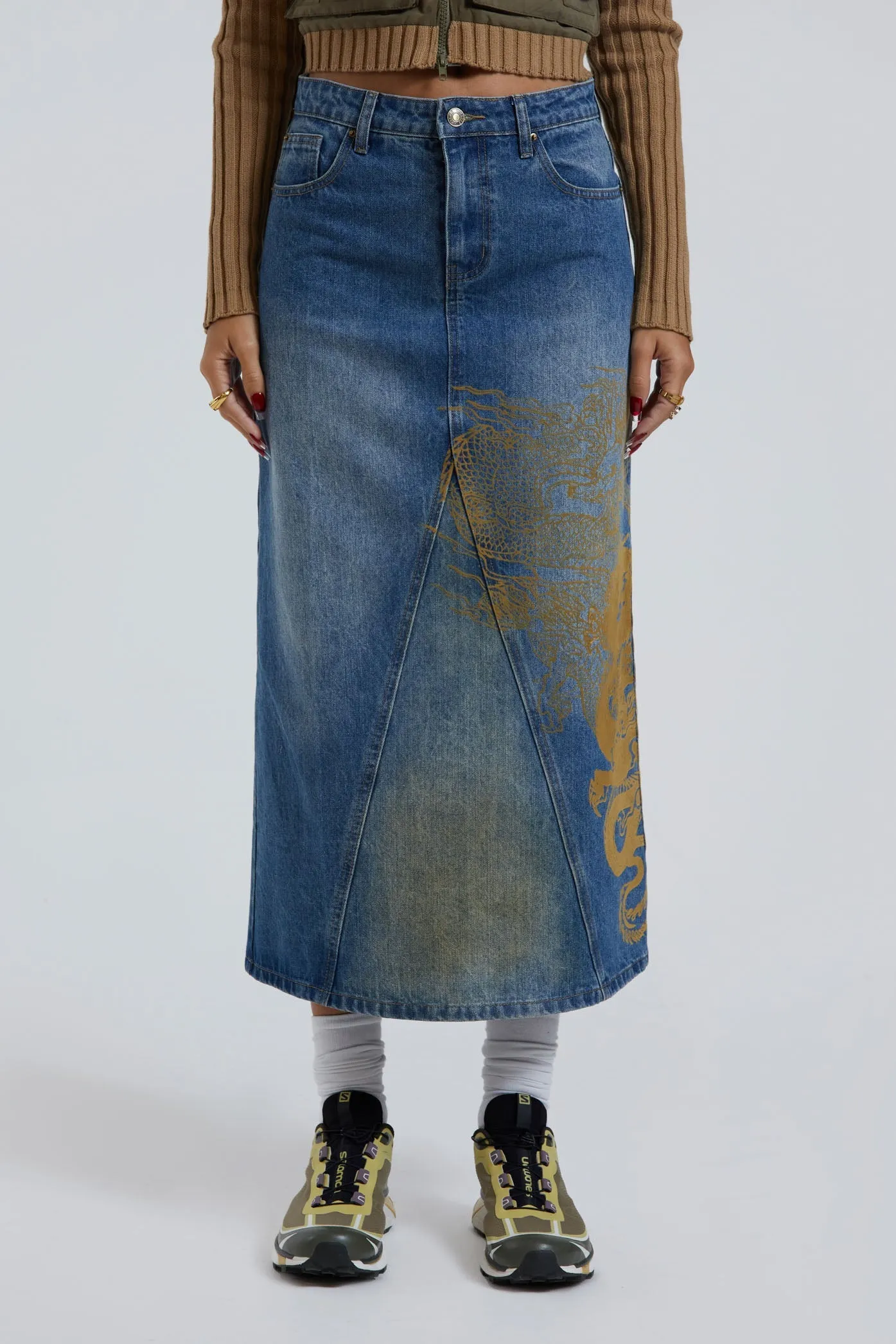 Serpent Denim Slit Maxi Skirt