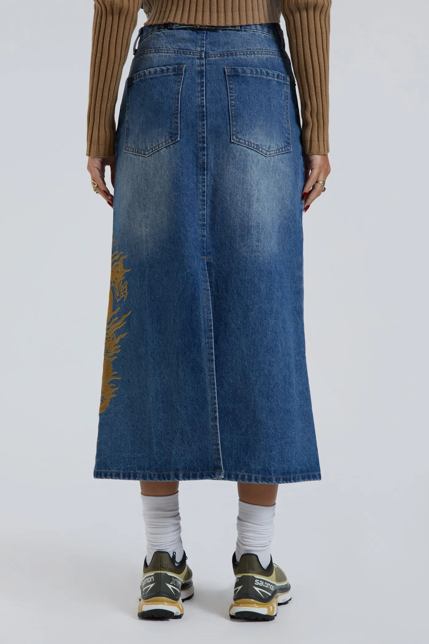 Serpent Denim Slit Maxi Skirt