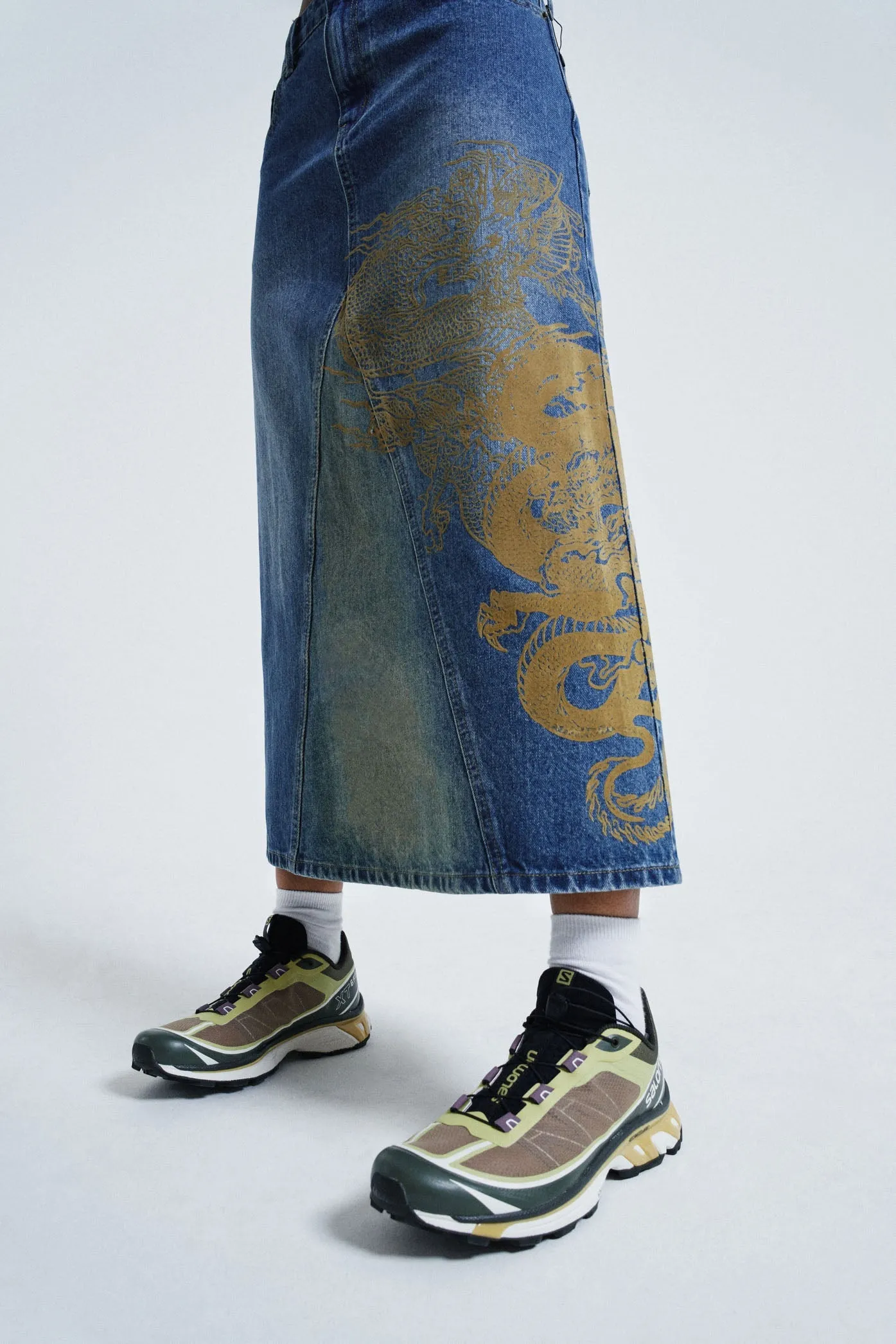 Serpent Denim Slit Maxi Skirt