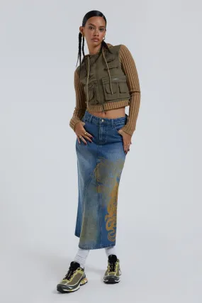 Serpent Denim Slit Maxi Skirt