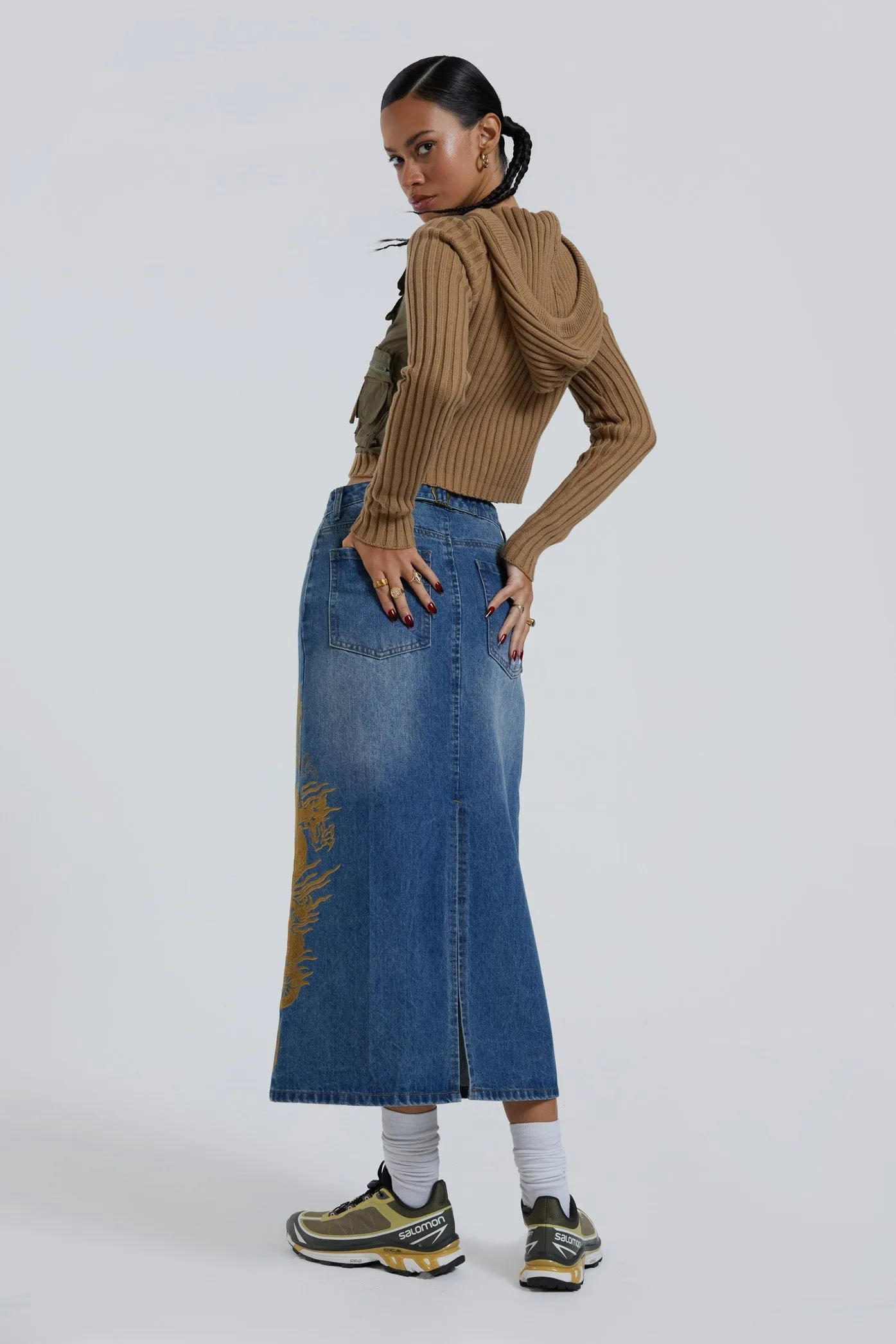 Serpent Denim Slit Maxi Skirt