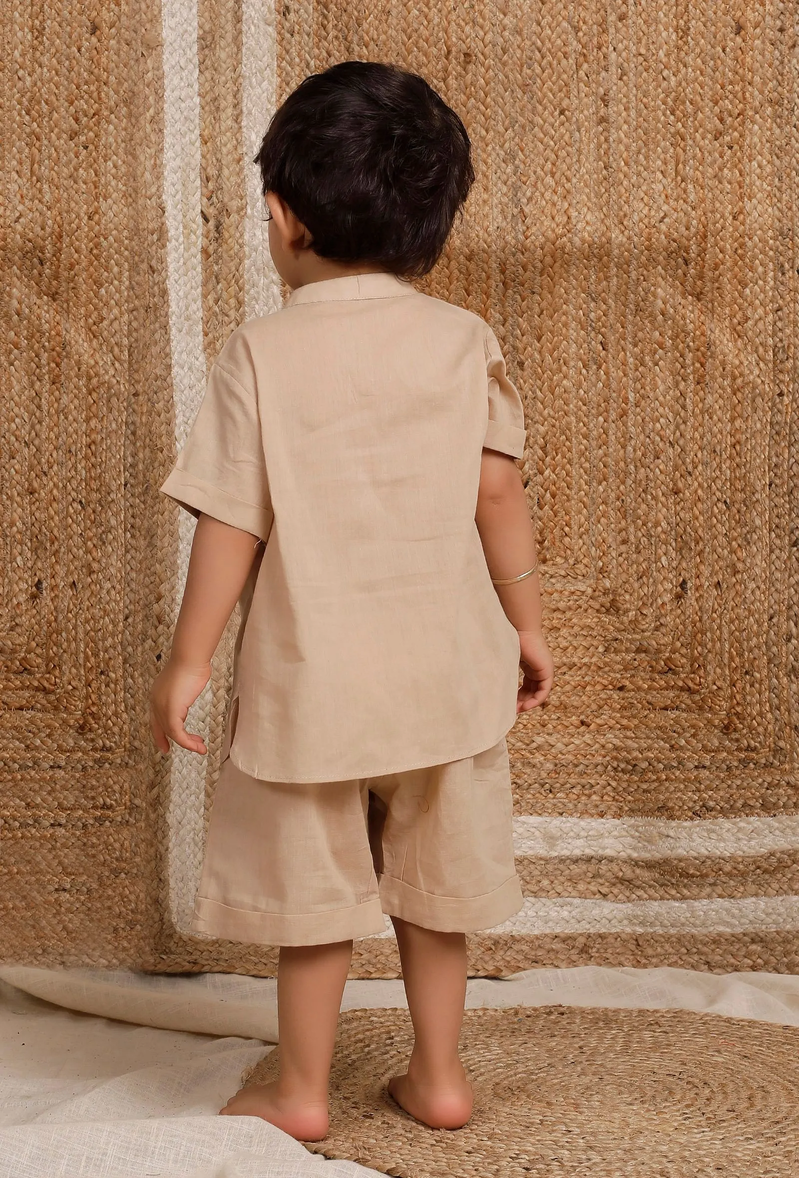 Set Of 2: Beige Mul Mul Short Kurta With  Short