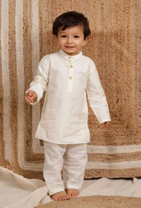 Set Of 2: Off-white Mul Mul Kurta With Off-white Pant