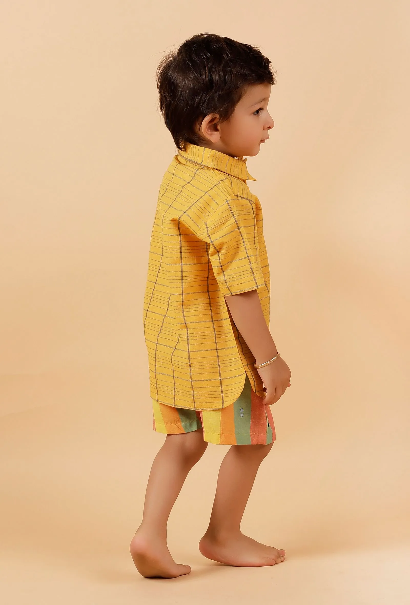 Set Of 2: Yellow Woven Shirt With Yellow Striped Woven Short