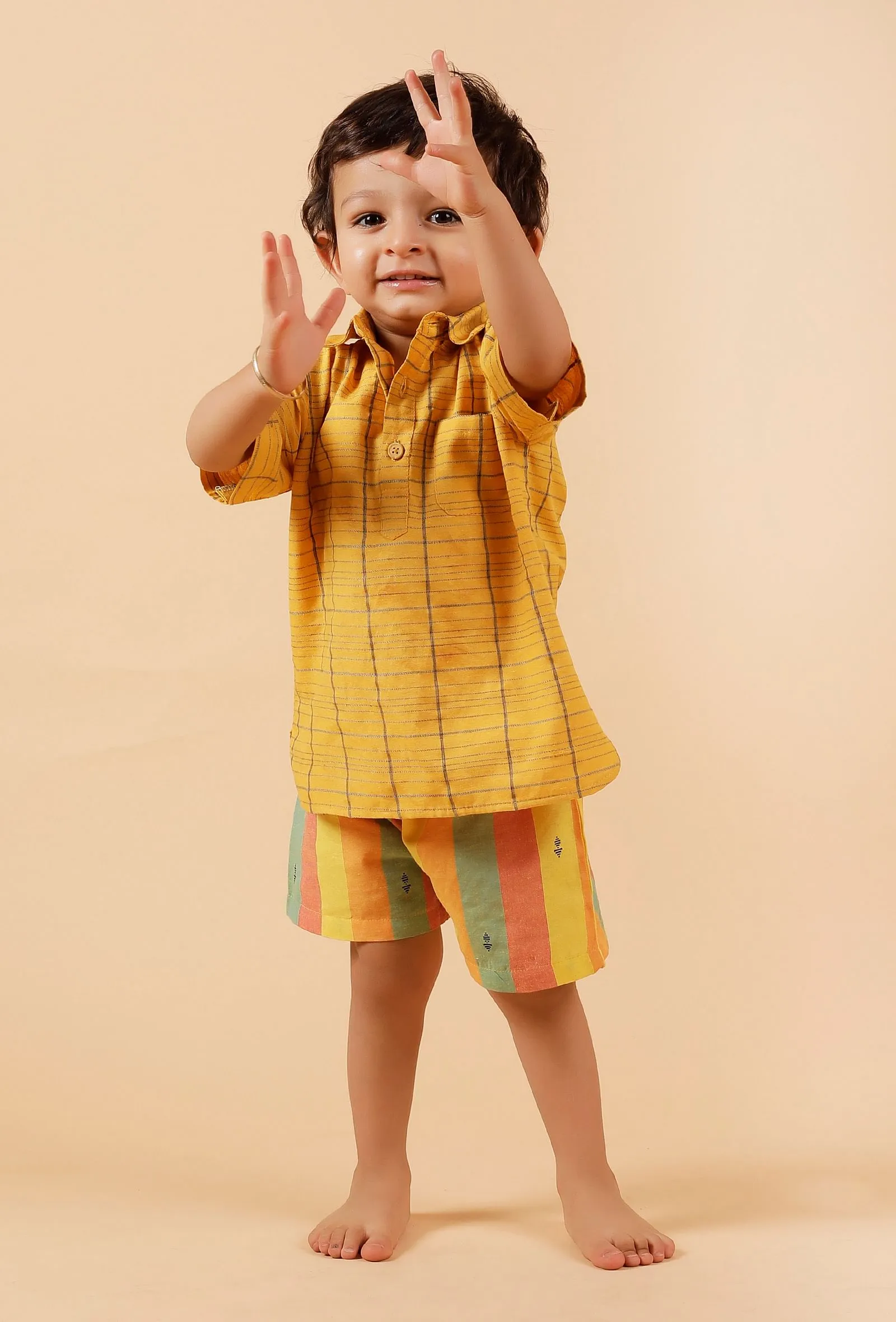 Set Of 2: Yellow Woven Shirt With Yellow Striped Woven Short