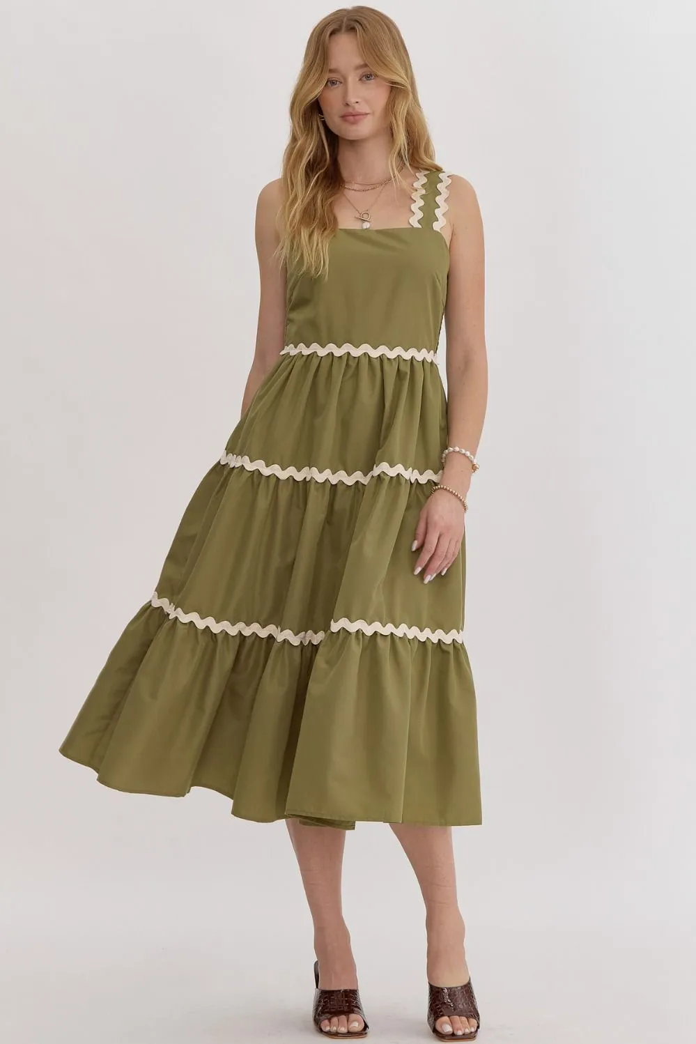 Solid Ric Rac Detailing Midi Dress - Fern