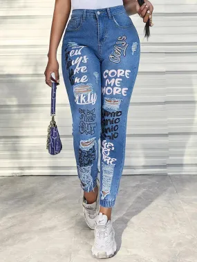 Streetwear Hip Hop Letter Print Ripped Women Fashion Y2K Harajuku Mid Casual Pencil Jeans