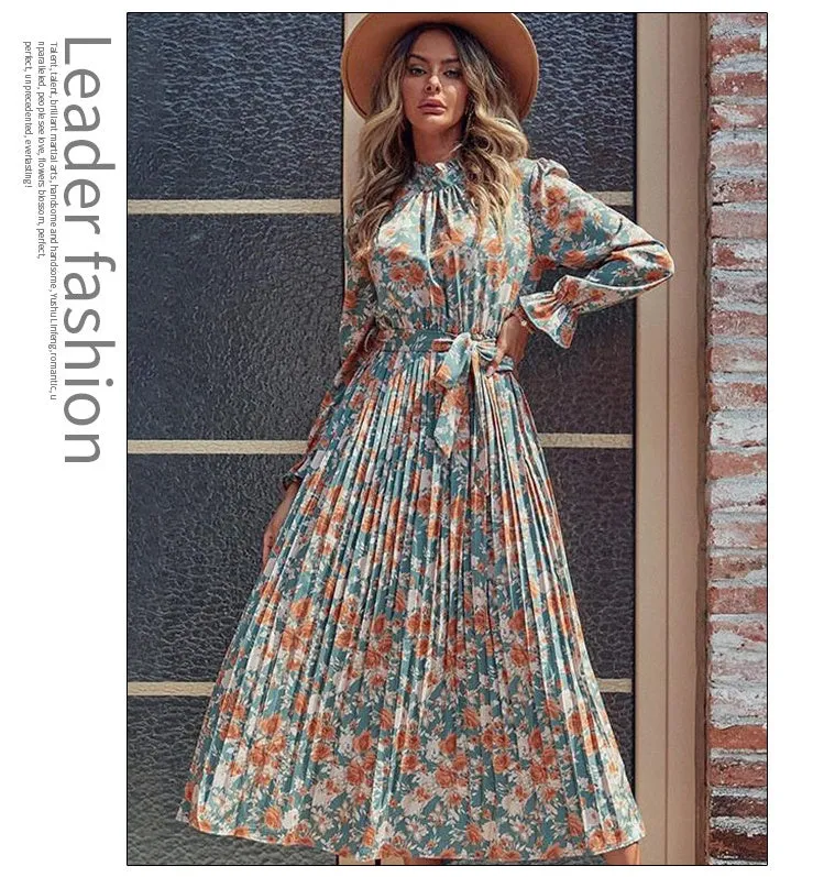 Summer Long-sleeve Retro Halterneck Skirt Sling Pleated Dress