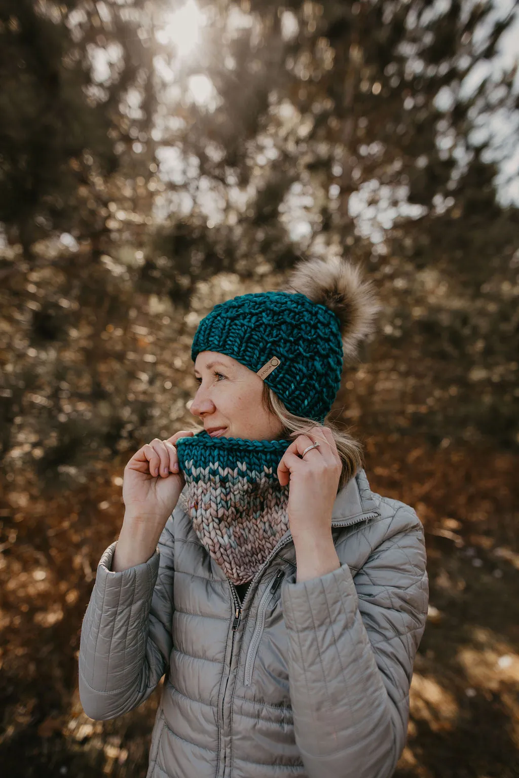 Teal Merino Wool Knit Hat with Faux Fur Pom Pom