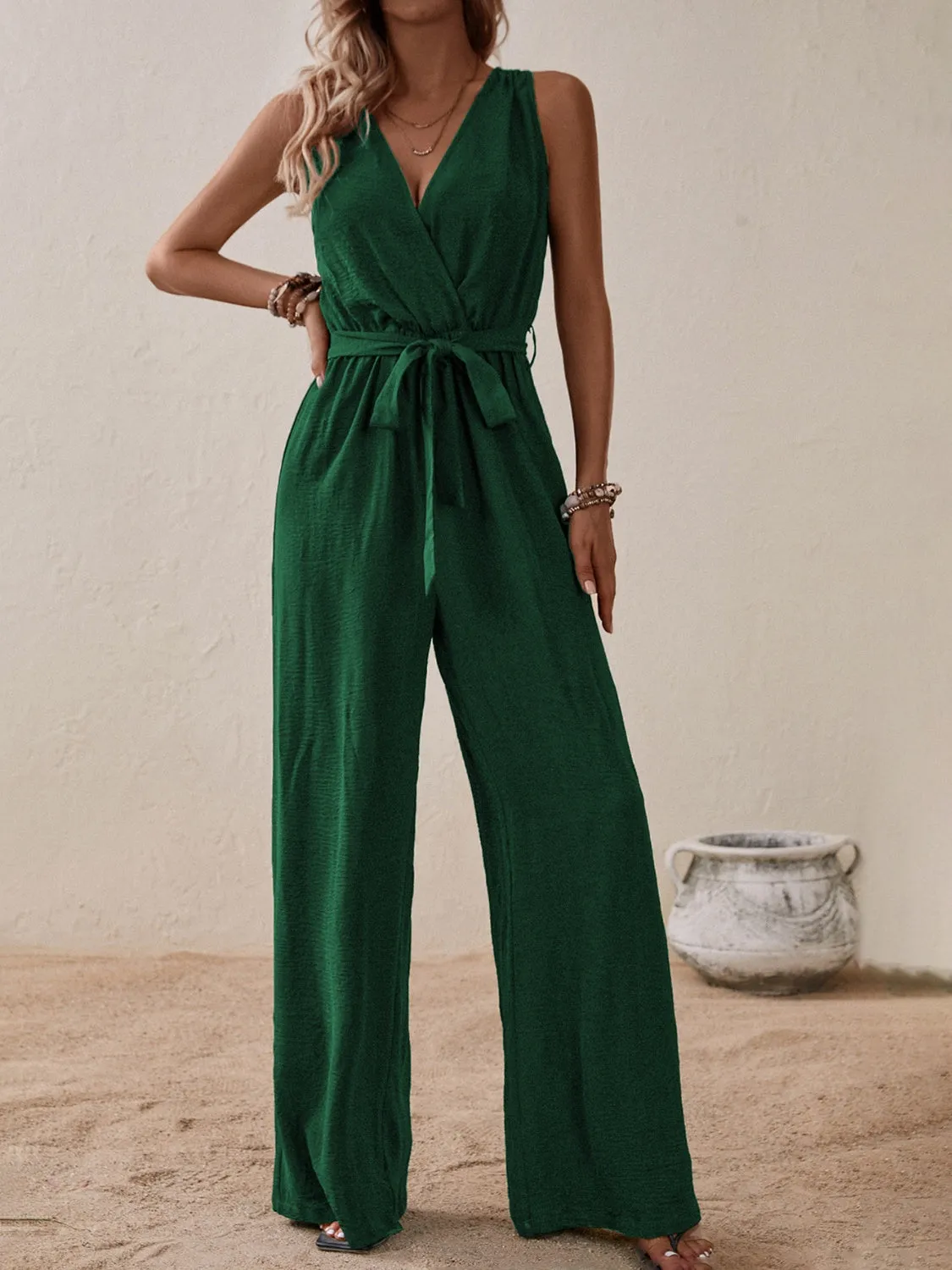 Tied Surplice Sleeveless Wide Leg Jumpsuit