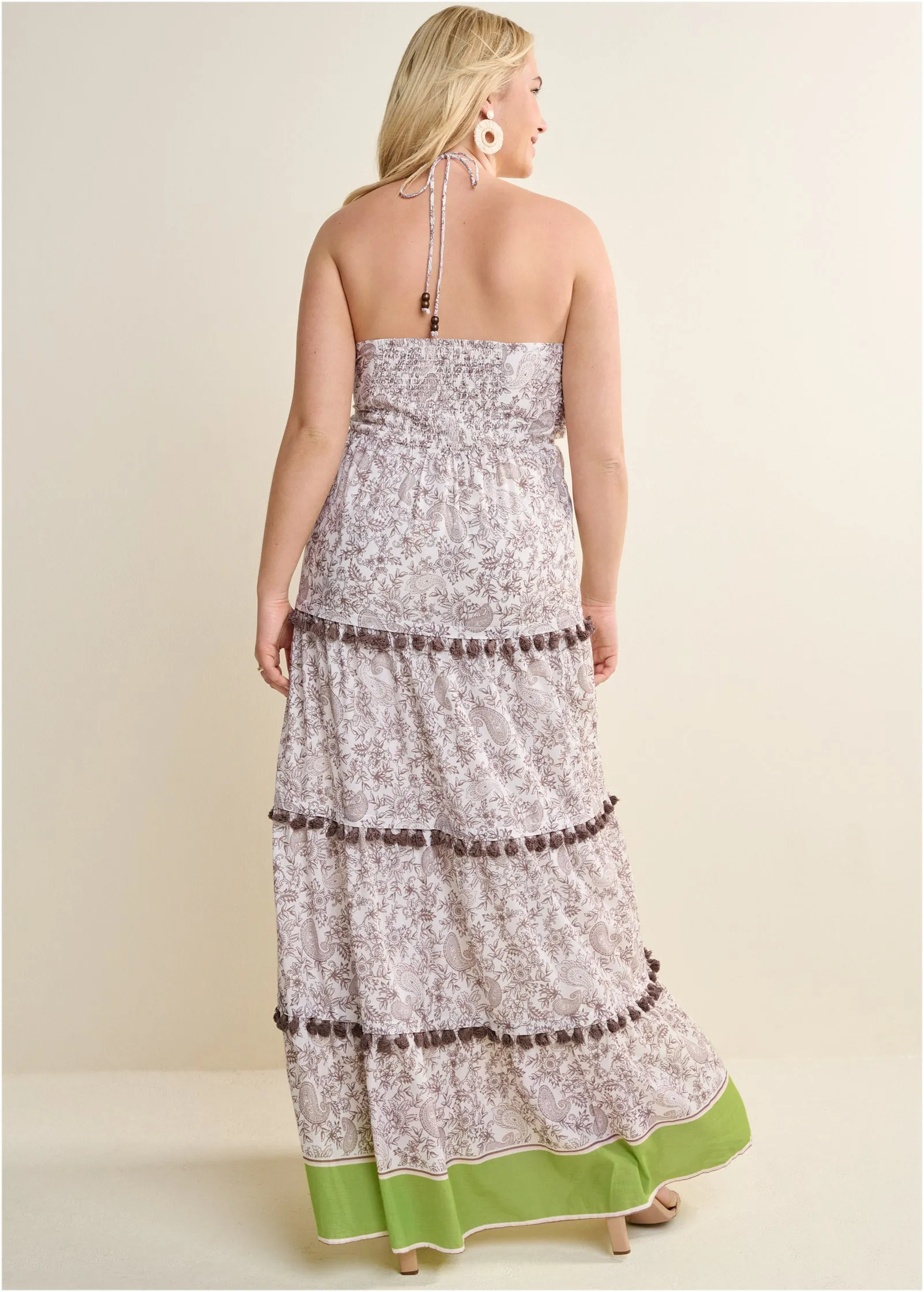 Tiered Tassel Maxi Dress - Brown & Green