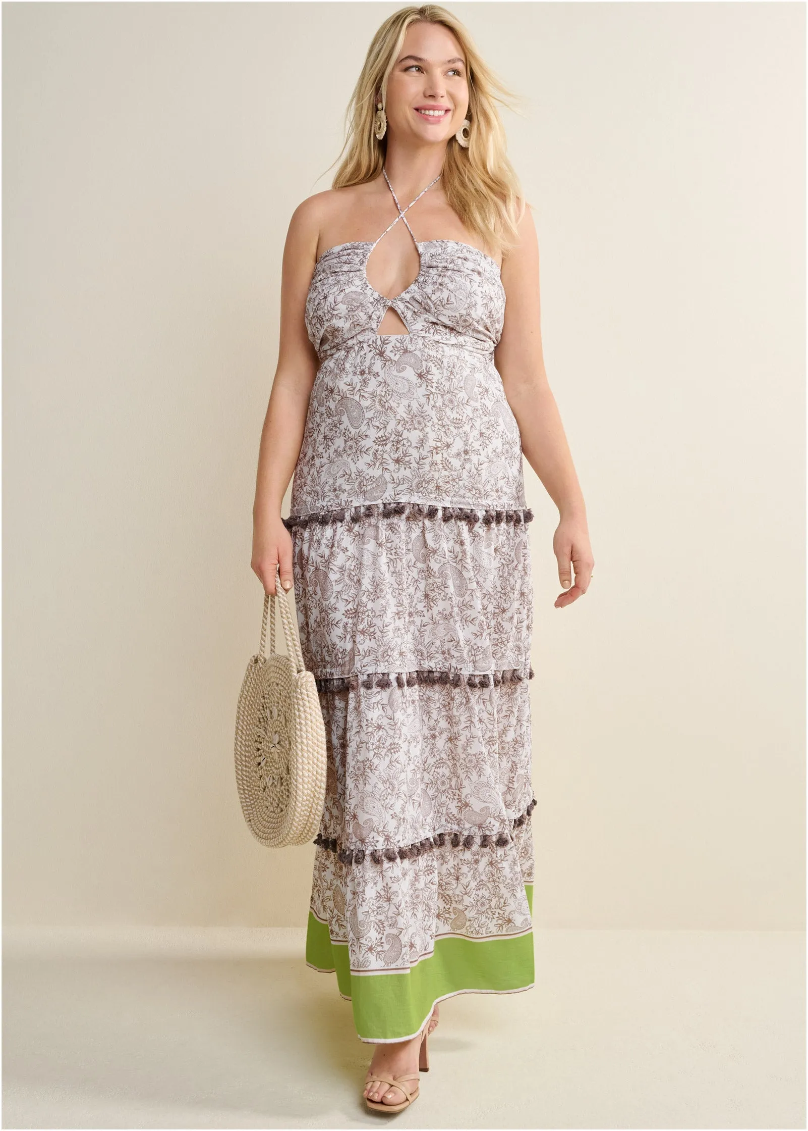 Tiered Tassel Maxi Dress - Brown & Green