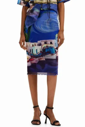 Tulle Landscape Printed Midi Skirt