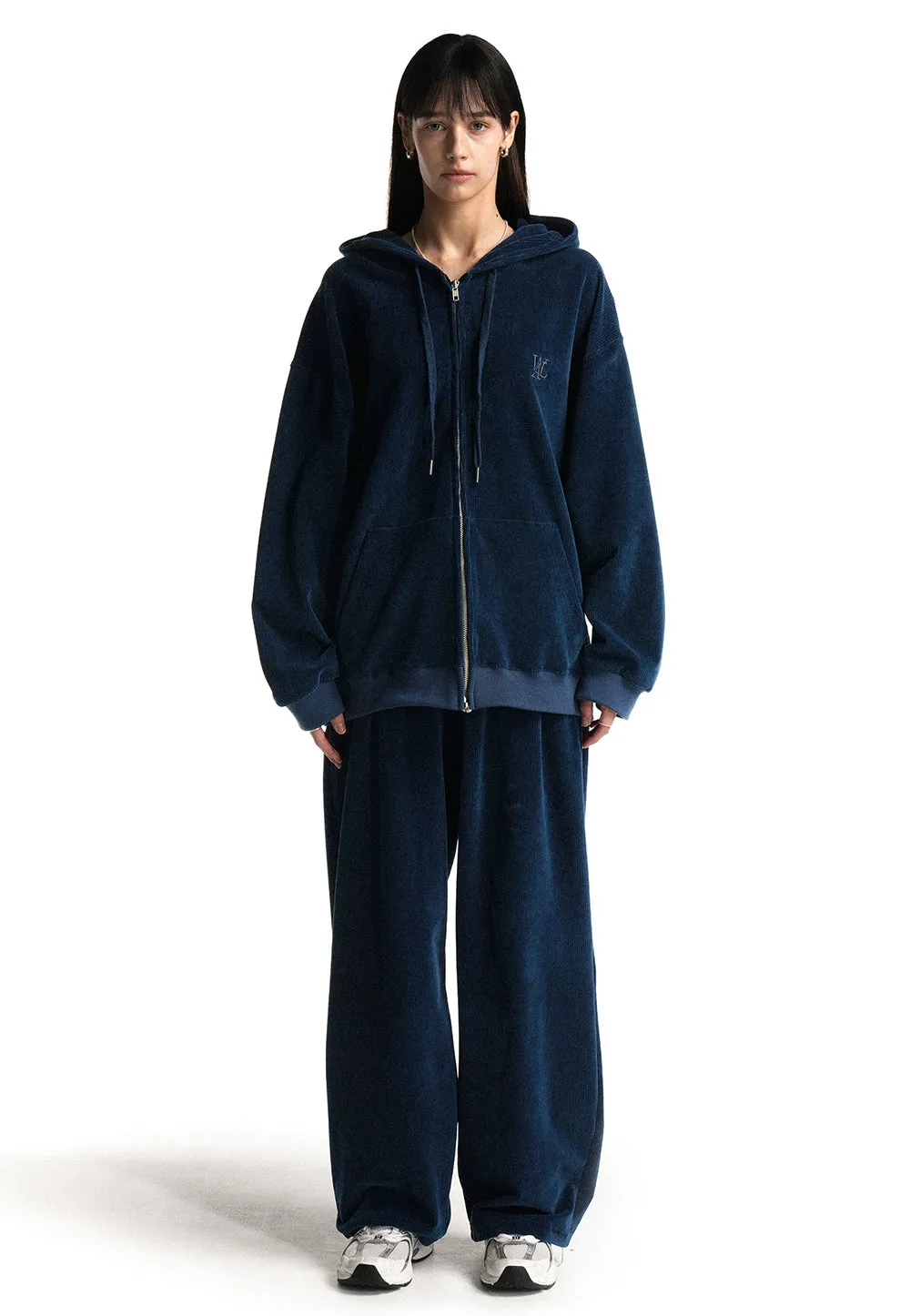 Velour corduroy hood zip-up blue