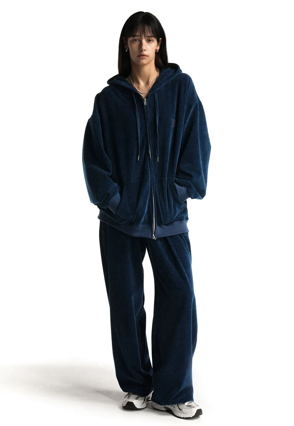 Velour corduroy hood zip-up blue