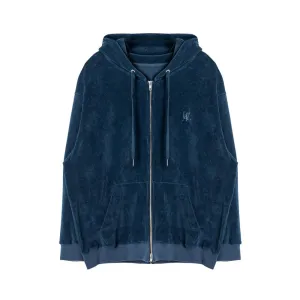 Velour corduroy hood zip-up blue