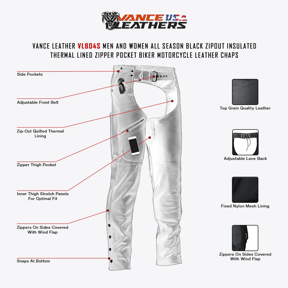 VL804S Zip-Out Insulated Pant Style Zipper Pocket Leather Chaps