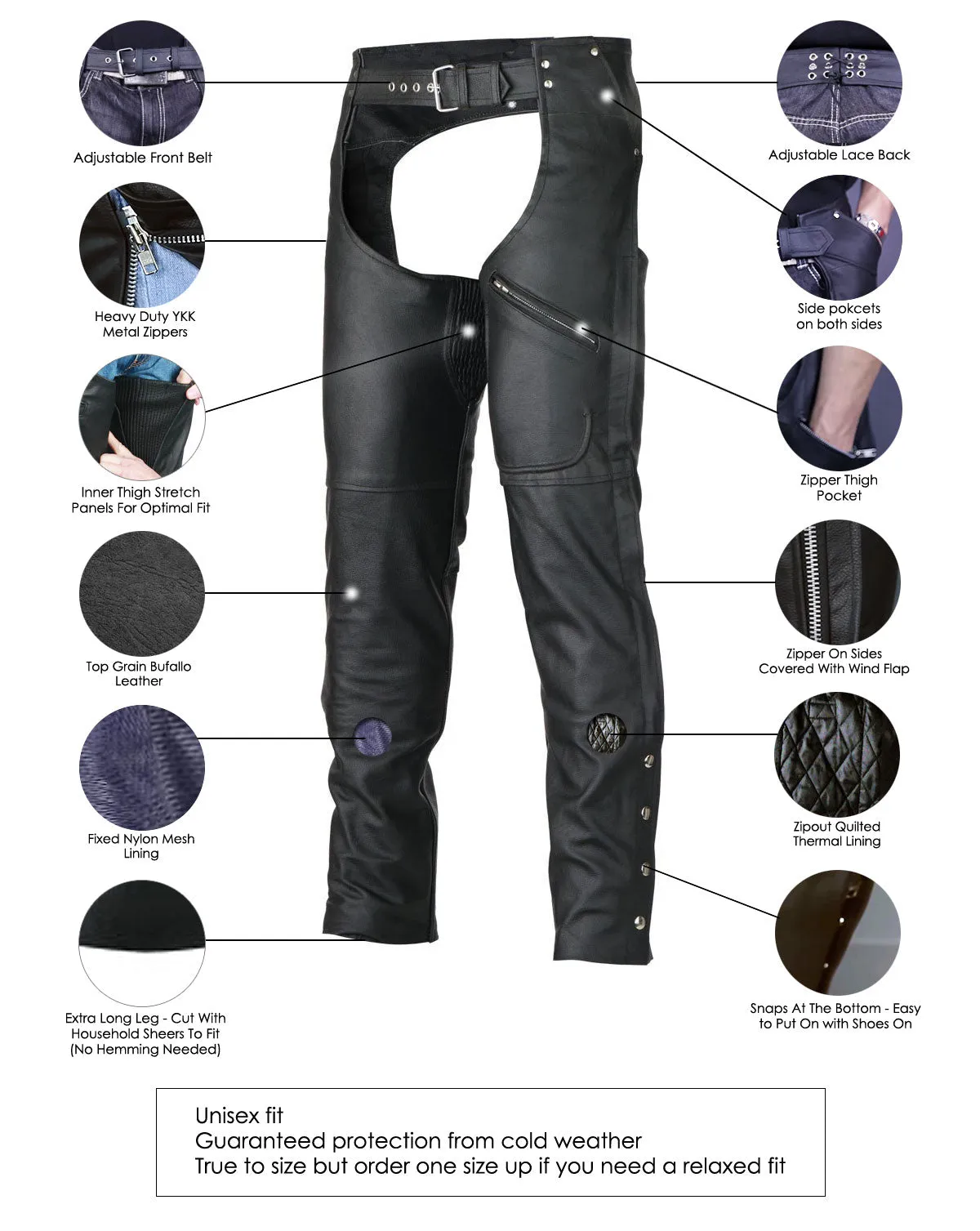 VL804S Zip-Out Insulated Pant Style Zipper Pocket Leather Chaps