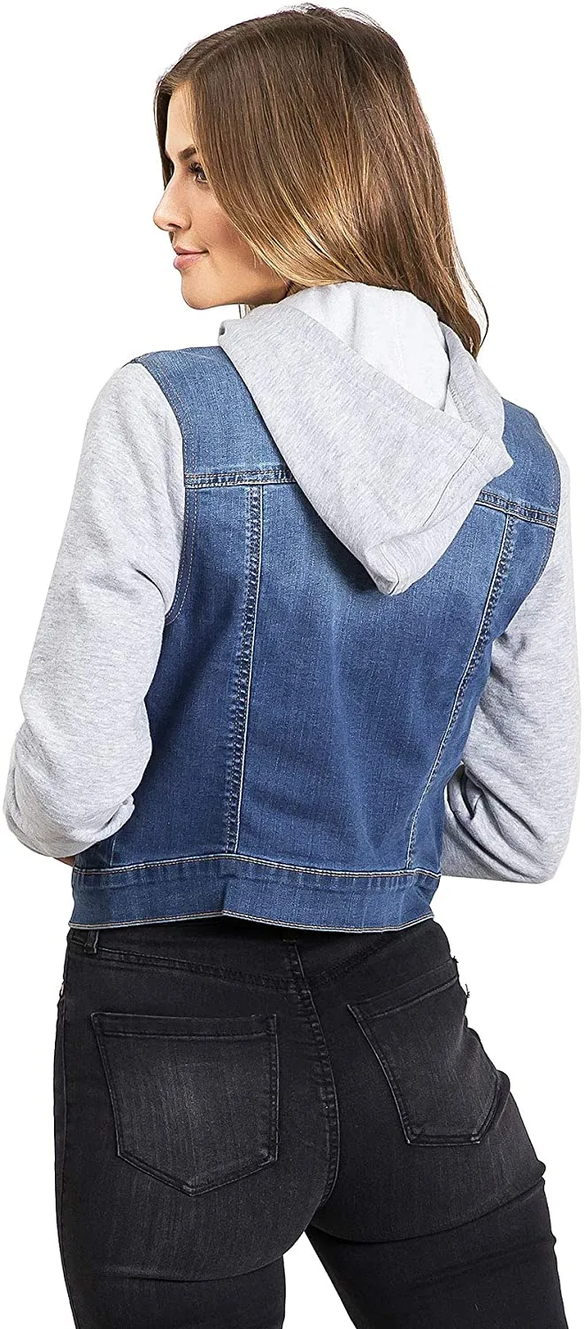 Wax Jeans Women's Fleece Sleeve and Hood Denim Jacket