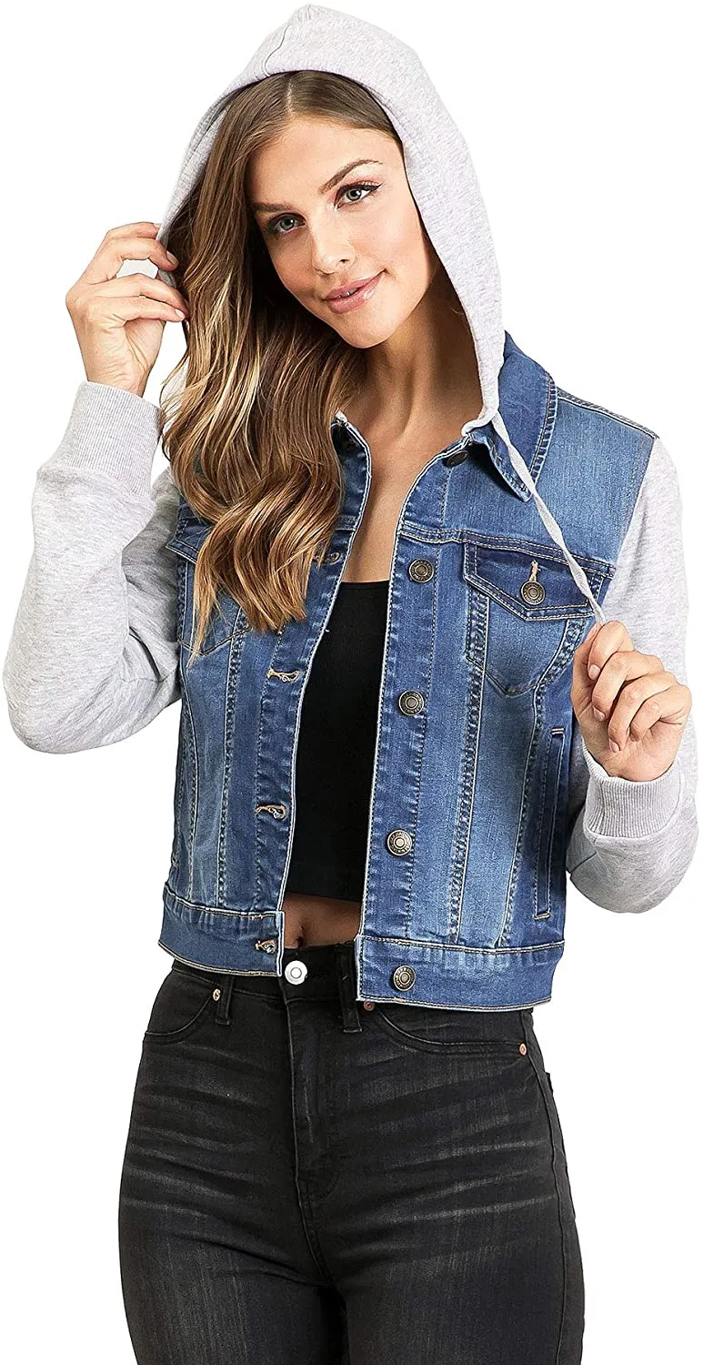 Wax Jeans Women's Fleece Sleeve and Hood Denim Jacket