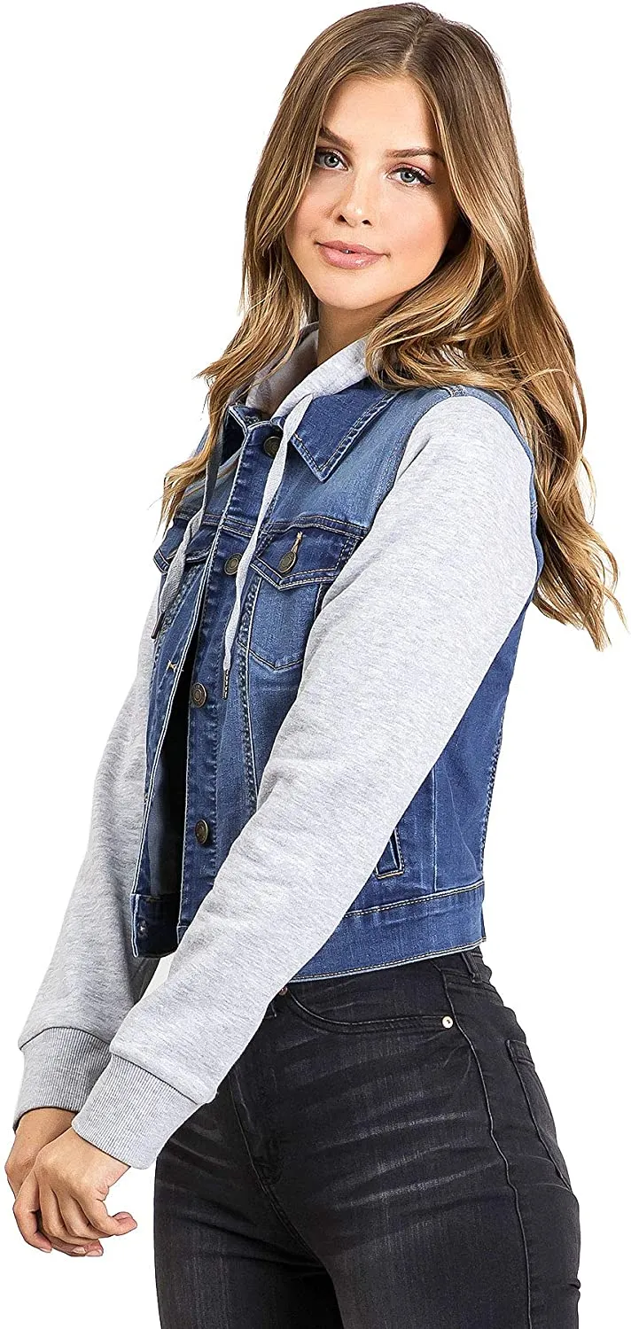 Wax Jeans Women's Fleece Sleeve and Hood Denim Jacket