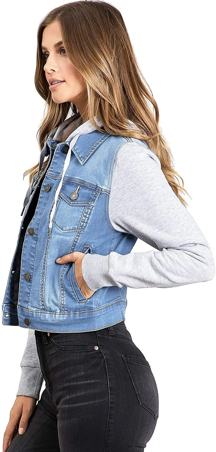 Wax Jeans Women's Fleece Sleeve and Hood Denim Jacket