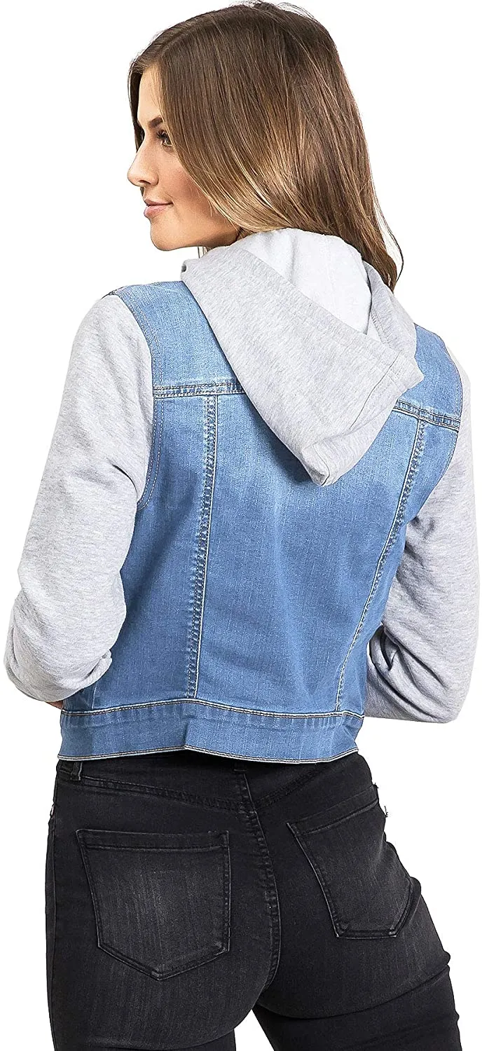 Wax Jeans Women's Fleece Sleeve and Hood Denim Jacket